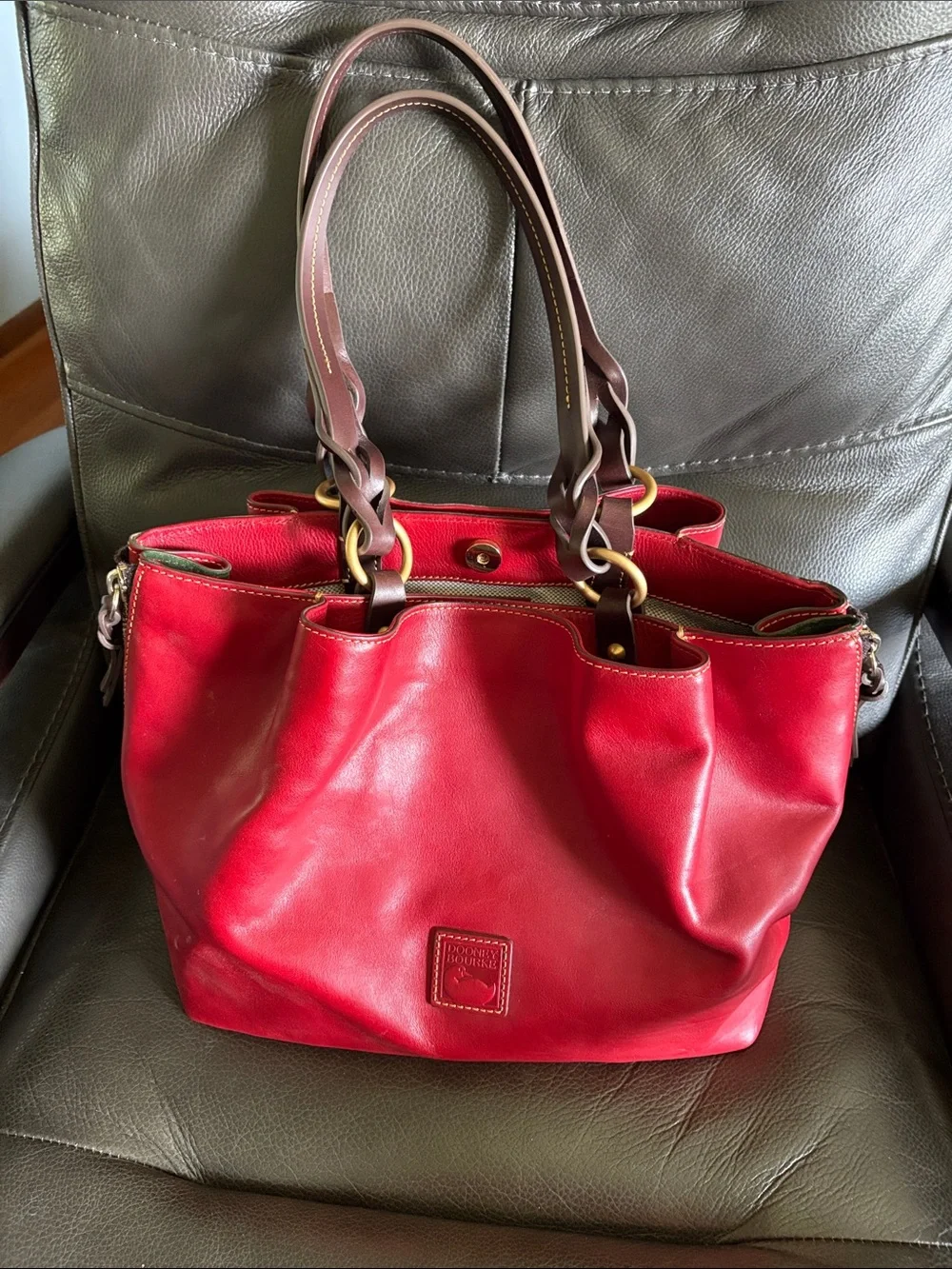 Dooney & Bourke Red Leather Satchel with Brown Handles - Picture 1 of 1